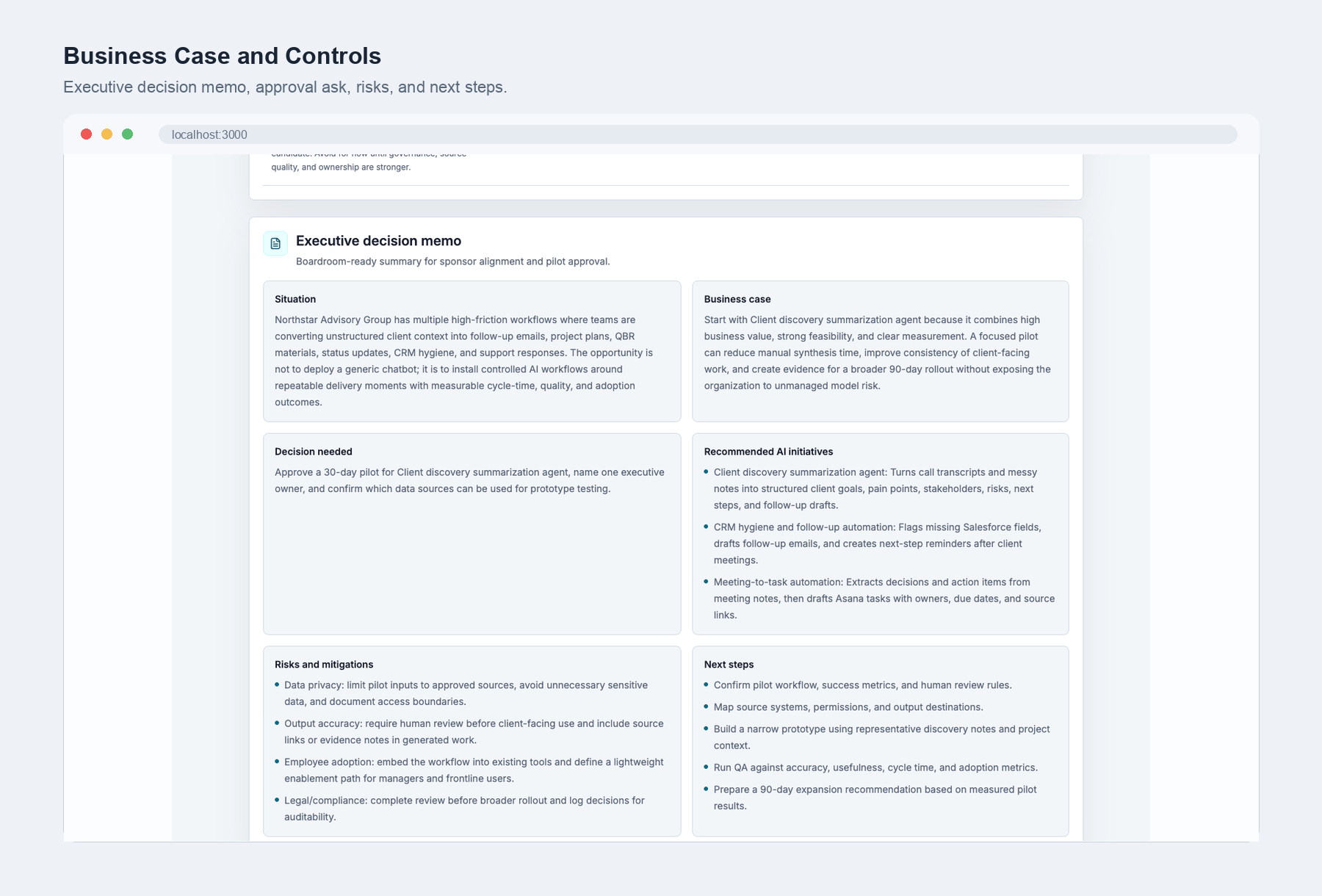 Synthetic business case and governance screen for AI implementation planning