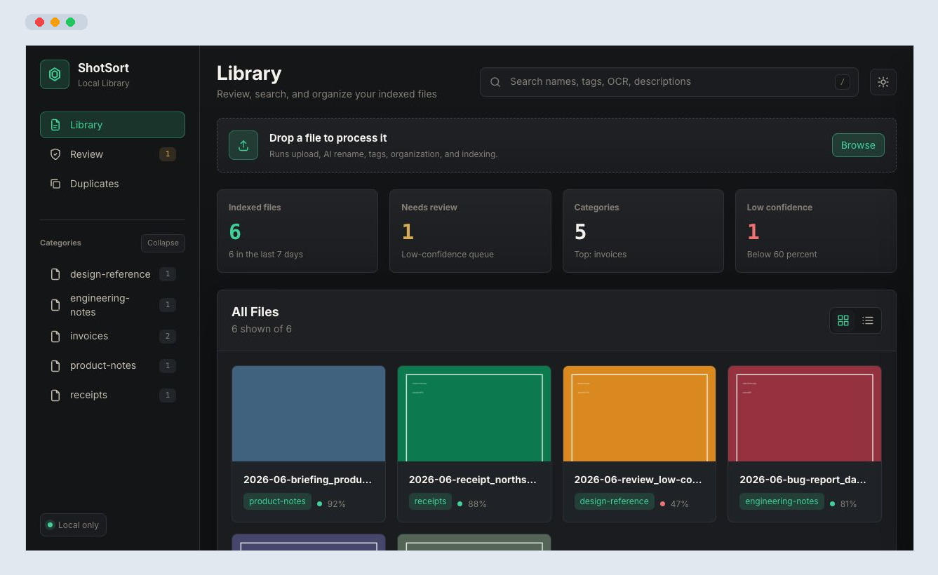 Synthetic ShotSort library screen with local file cards and review counts