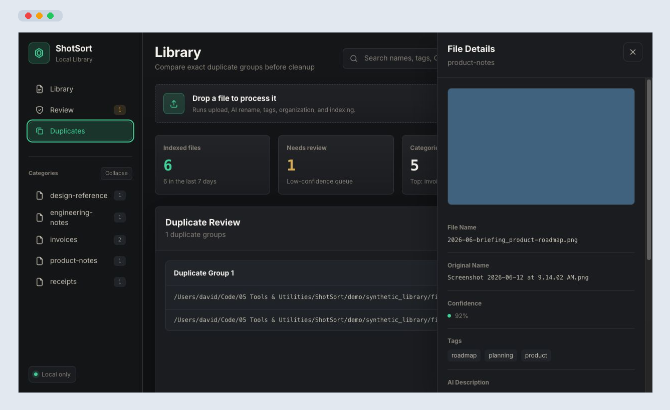 Synthetic ShotSort duplicate review screen for local screenshot organization