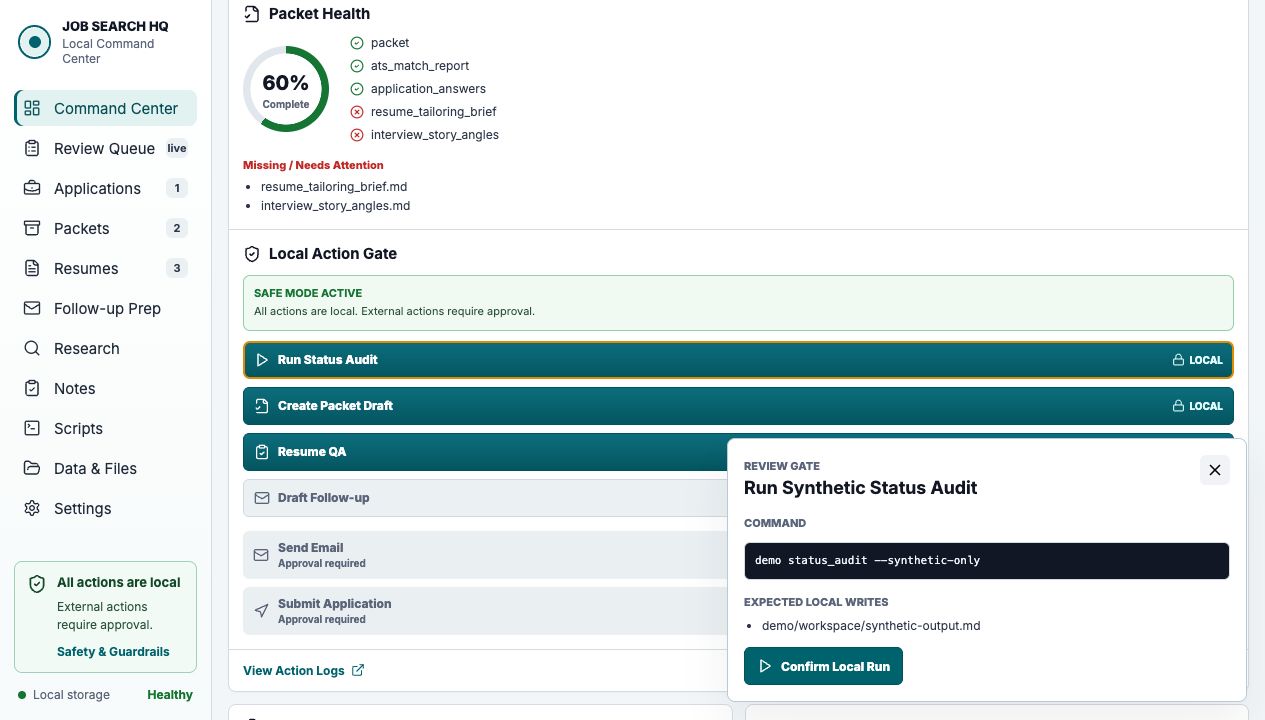 Synthetic Job Search HQ local action preview with simulated command and review checklist