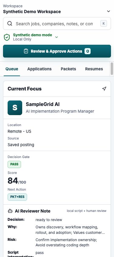 Synthetic Job Search HQ mobile dashboard view with fake workflow data